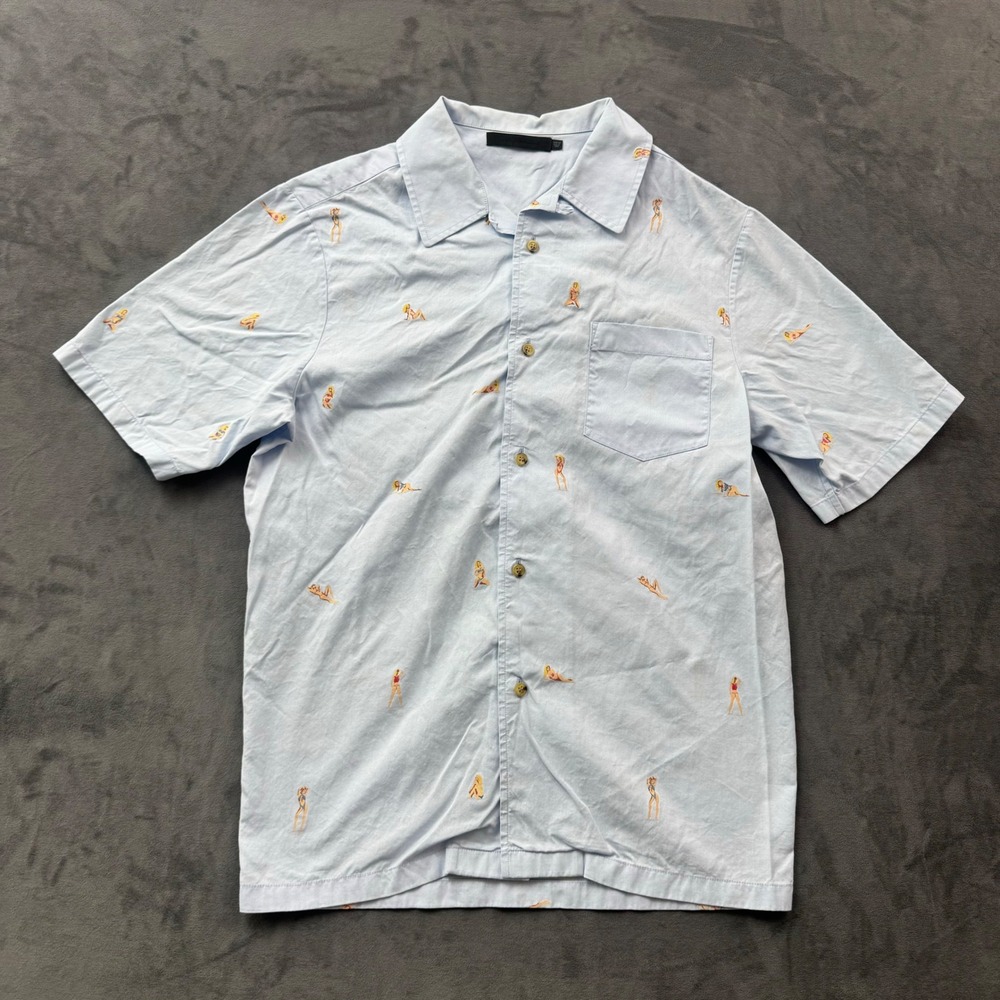 Alexander Wang Mens Pin-Up Girl Embroidered Button Up Shirt Blue Size 42 L